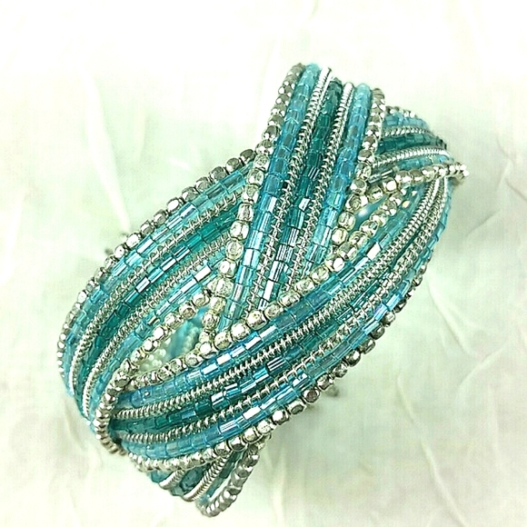 Bracelet Turquoise blue Glass & Silver bulge and seed Bead multiple strand cuff - Picture 2 of 8